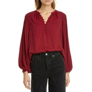Joie Addalla Long Sleeve Flowy Button-Detail Crepe Blouse Size L Topanga Red